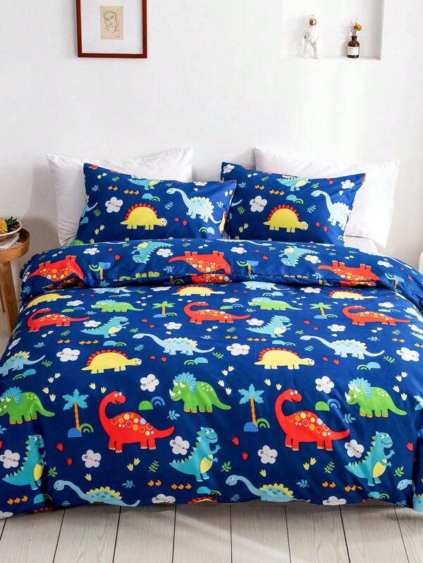 3pcs Colorful Dinosaur Print Kids' Duvet Cover Set, Blue Cartoon Polyester Duvet Cover & Pillowcase Set, All Seasons Love Valentine